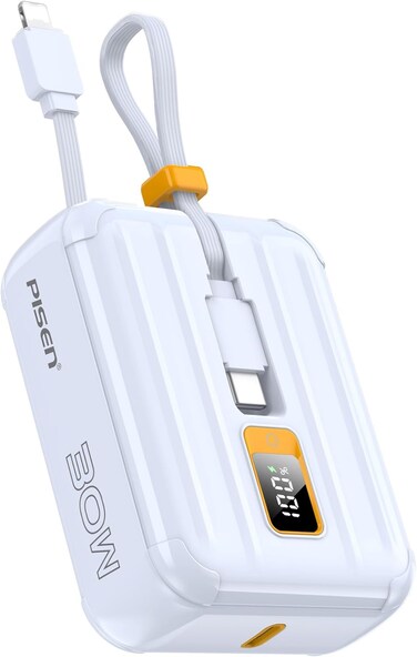 10000mAh Portable Power Bank with Built-in USB Cables, 30W High Speed Charging USB C Battery Pack, Mini LED Display Power bank for iPhone 16/15/14/13 Pro/Pro Max/Plus Samsung and Other Devices - Blue