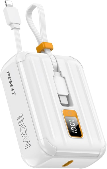 10000mAh Portable Power Bank with Built-in USB Cables, 30W High Speed Charging USB C Battery Pack, Mini LED Display Power bank for iPhone 16/15/14/13 Pro/Pro Max/Plus Samsung and Other Devices - White