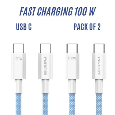 Pisen USB C to USB C Cable,100W 2-Pack [3.3ft+3.3ft] Fast Charging PD 3A Braided Type C Data Cord for iPhone 16/16 Plus/16 Pro/16 Pro Max/15, MacBook, iPad, Samsung S25/S24/S23/S22 Ultra - Blue