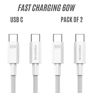 Pisen USB C to USB C Cable,60W 2-Pack [3.3ft+3.3ft] Fast Charging PD 3A Braided Type C Data Cord for iPhone 16/16 Plus/16 Pro/16 Pro Max/15, iPad, Samsung S25/S24/S23/S22 Ultra - Grey