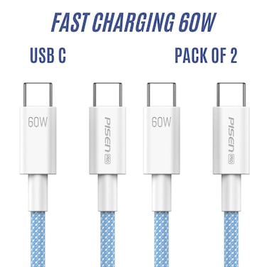 Pisen USB C to USB C Cable,60W 2-Pack [3.3ft+3.3ft] Fast Charging PD 3A Braided Type C Data Cord for iPhone 16/16 Plus/16 Pro/16 Pro Max/15, iPad, Samsung S25/S24/S23/S22 Ultra - Blue