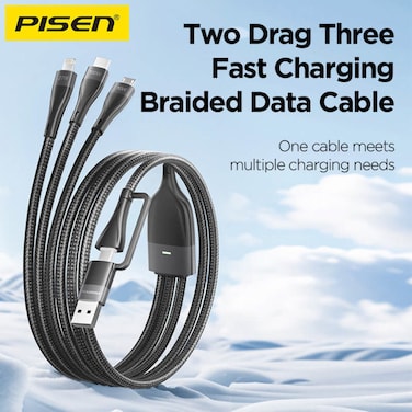 PISEN Aluminum Alloy 100W USB/Type-C to 3-in-1 (Ligntning+Type-C+Micro Usb) Braided Charging Data Cable 1.2m Black