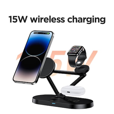 3 in 1 Wireless Charging Station for MagSafe,15W Quick Magnetic Wireless Charger, Travel Mag-Safe Charger Stand with Night Light for iPhone 16/15/14/13/12 Series, AirPods 3/2/Pro, Apple Watch - Black