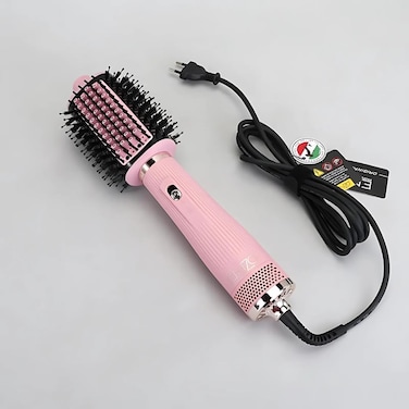 PrecisionWare Enzo EN-6214 Round Hair Dryer Brush, 4-In-1 Styling Tool With Ionic Technology, 1500W Power, Hair Dryer, Straightener, Volumizer, And Blowout Brush - Intl Version - Pink