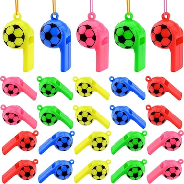 20Pcs Plastic Whistles with Lanyard,5 Colors Training Sports Whistles,Soccer Pattern Whistle Kids Whistle for Referee School Camping Soccer Party Favors