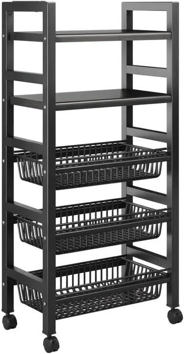 5-Tier Multi-Layer Kitchen Storage Rack Cart with Baskets on Wheels  2 Shelves &amp; 3 Removable Wire Baskets