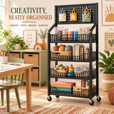 4-Tier Rolling Storage Organiser with Pegboard, 50 &times; 27 &times; 140 cm Black