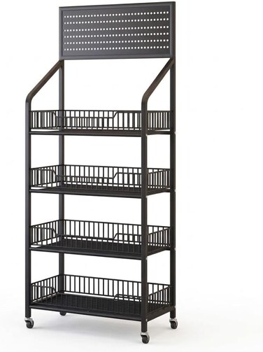 4 Tier Wire Snack Storage Rack Metal Display Shelf with Wheels Black
