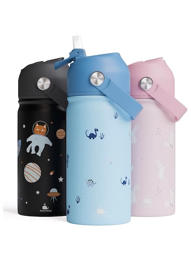 wigglywhale Stainless Steel Water Bottle for Kids - Leak Proof Kids Water Bottle for School - 380ML BPA-Free Toddler Water Bottle with Straw, Double Wall for Hot &amp; Cold Liquids