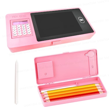 LCD Writing Tablet Pencil Box with Calculator, Drawing Board Case with Erase Button and Calculator, Magic Storage for Stationery (Pink)