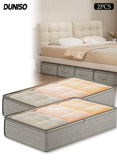 2-Piece Under Bed Clothing Storage Bags, Large Foldable Clothes Storage Bins with Clear Top, Fabric Zip Storage Box , Waterproof Thick Non-woven Closet Organizers, Bedding Duvet Storage, 80 x40 x 18 cm