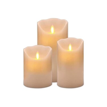 Set of 3 flickering LED flameless candles with elegant wickless design&mdash;safe, stylish home d&eacute;cor.
