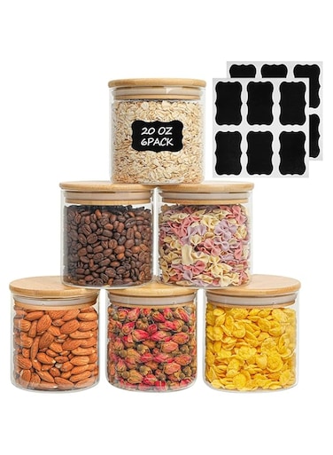 1CHASE Glass Food Storage Jars 500 ML (Set of 6), Clear Storage Containers with Airtight Bamboo Lid, Pantry Organization Jar, Spice, Blooming Tea, Coffee and Sugar Container (Round)