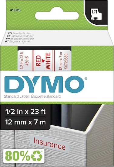 شريط لاصق DYMO Standard D1 43610 (طباعة سوداء على شريط شفاف، عرض 1/4 بوصة × طول 23 قدمًا، خرطوشة واحدة)، أصلي من DYMO