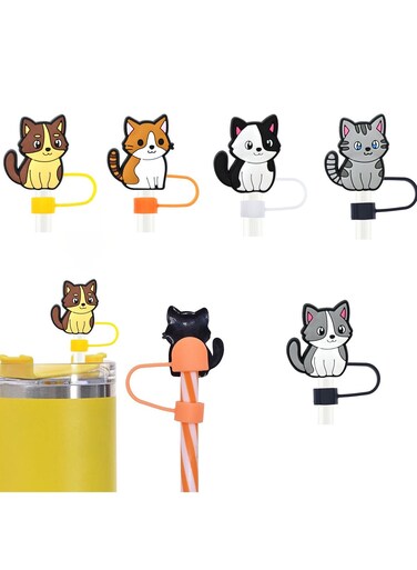 of 5 Cartoon Cat Silicone Straw Lids for Stanley Mugs, Compatible with 30 and 40 oz Glass Handle, 10mm 0.4 Inch Dust-Proof Reusable Straw Tip Covers