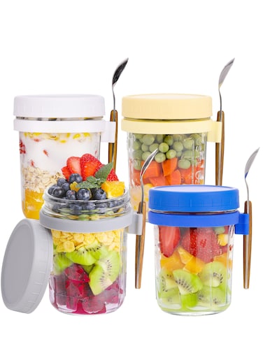 4-Piece 350ml Overnight Oats Containers with Lids and Spoons,Glass Overnight Oats Jars, Large Capacity Airtight Jars for Milk, Cereal, Fruit
