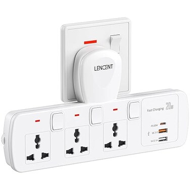 LENCENT Multi Plug Extension Socket, 3 Way Electrical Outlet Extender, PD&amp;QC 3.0 20W USB Wall Charger, 6-in-1 Universal Plug Adapter, Charging Station for Home, Office, Kitchen, Individually Switched
