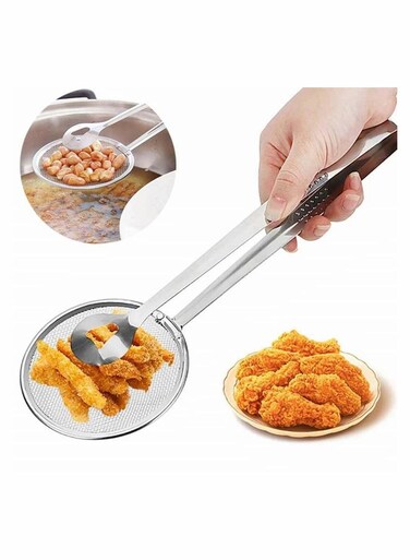 Colander Spoon with Clip 2-in-1 Kitchen Stainless Steel Filter Spoon With Food Clip Oil Filter Grid Scoop Fryer Tongs Frying Mesh Colander Kitchen Tools Accessories