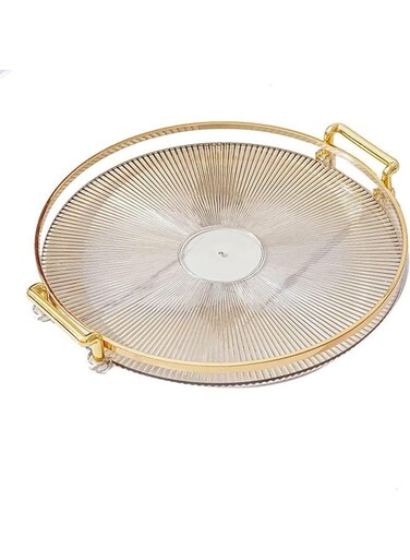 Round Serving Tray with Golden Handles - Decorative Plastic Tray for Home Decor (Amber)