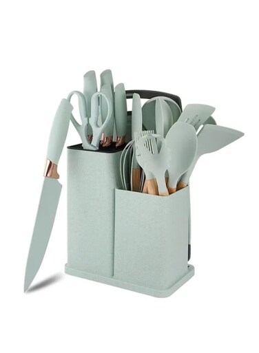 19-Piece Green Silicone Kitchen Utensil Set with Knives, Cutting Board &amp; Tools
