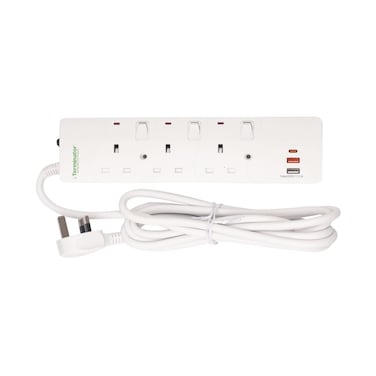 Terminator 3 Way UK Power Extension Socket With 3USB 3.1Amp (A &amp; C Type), Overload Protection, Individual Switches,  Indicators, 1.25mm&sup2; Cable 3M &amp; 13A Fused Moulded Plug