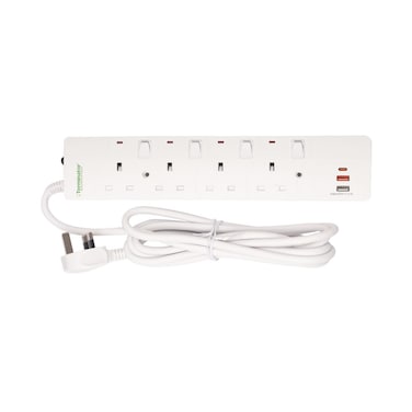 Terminator 4 Way UK Power Extension Socket With 3USB 3.1Amp (A &amp; C Type), Overload Protection, Individual Switches, Indicators, 1.25mm&sup2; Cable 3M &amp; 13A Fused Moulded Plug