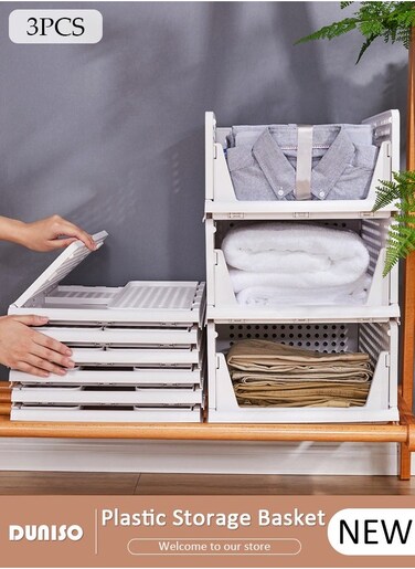 3 Packs Stackable Plastic Storage Basket, Foldable Closet Organizers Storage Bins, Medium Drawer Shelf Storage Container for Wardrobe Cupboard Kitchen Bathroom Office