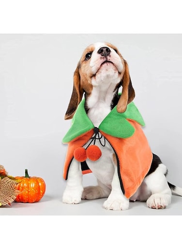 OHANA Halloween PUMPKIN CLOAK with beautiful strings for Pets, Cats, Dogs - Orange and Green - MEDIUM