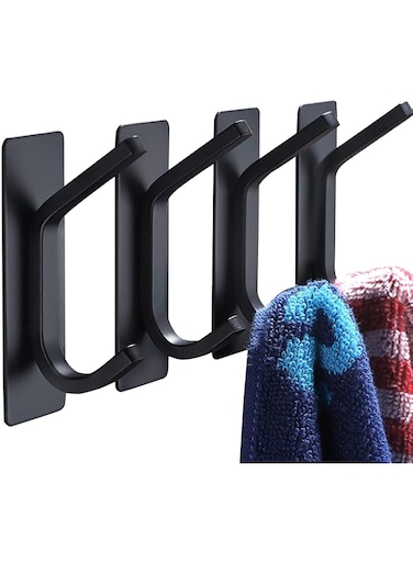 Khazna Towel Hook Adhesive Hooks - Black Wall Hooks Stick for Bathroom and Kitchen Heavy Duty Hooks 4-Pack, Stainless Steel