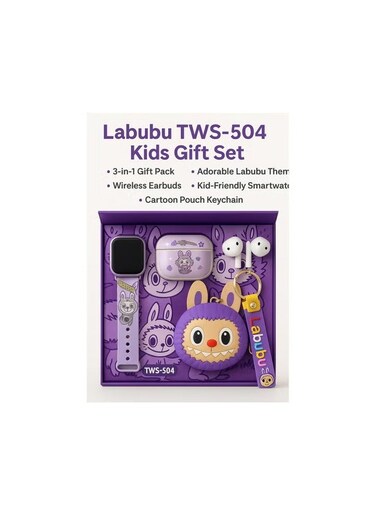 Labubu TWS-504 Kids Gift Set &ndash; Smartwatch + Wireless Earbuds + Cartoon Pouch &ndash; Cute Design for Girls &amp; Boys