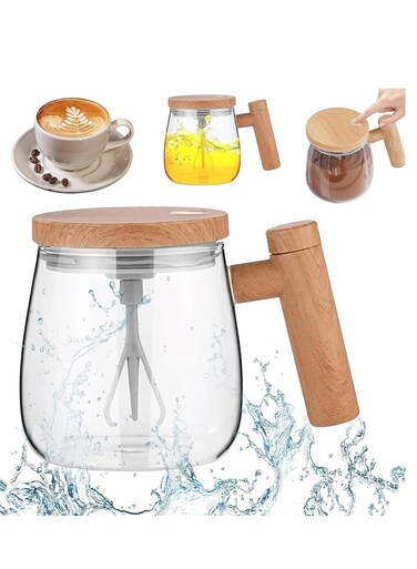 Electric Self Stirring Mug with Lid,High Speed Glass Mixing Cup for Coffee, Travel &amp; Office,Waterproof, Detachable Rod, Lightweight 14oz, Suitable for Home Use