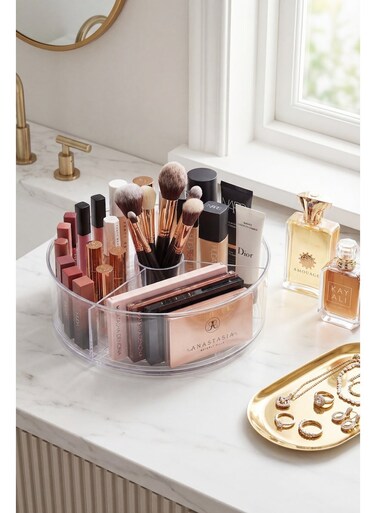 Round Lazy-Susan Storage Organizer, 4 Compartment Clear PET Spinning Cosmetic Storage Box with Dividers, Transparent Vanity Organizer for Makeup Brushes, Lipsticks, Skincare, Kitchen Countertop Fridge Bathroom Desk Organizer,BPA Free,9