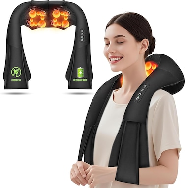 Cordless Shiatsu Neck Massager, Back and Shoulder Massager with Heat, Deep Tissue 4D Kneading Back Massage for Neck, Back &amp; Shoulder Relaxation, Home, Office, Car Use, Black
