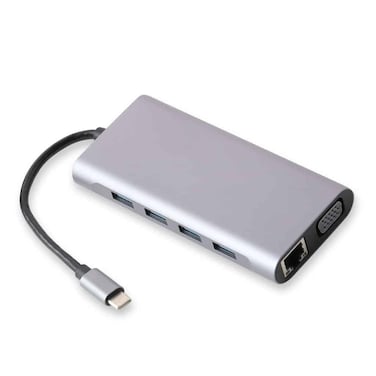 قاعدة توصيل 11 في 1 من النوع C إلى متعددة الوظائف مع 1 HDMI (أنثى)، 1 VGA (أنثى)، 1 RJ45، 1 USB 3.0، 3 USB 2.0، 1 Type-C(PD)، 1 TF/SD ومقبس مقاس 3.5 ملم، MpBlbberri BLB-OT560 - أسود ورمادي