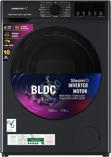 Videocon 10Kg Front Load Washing Machine, BLDC Inverter Motor, 1400 RPM, 12 Wash Programs, Steam &amp; Express Wash, Delay Timer, Child Lock, Energy Efficient &amp; Ultra Quiet- VWM101BF