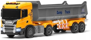 The Toys Home Licensed Scania P410 Dump Truck Toy With Led Lights, Friction Powered, Tipping Dump Bed Construction Vehicle, Yellow And Grey