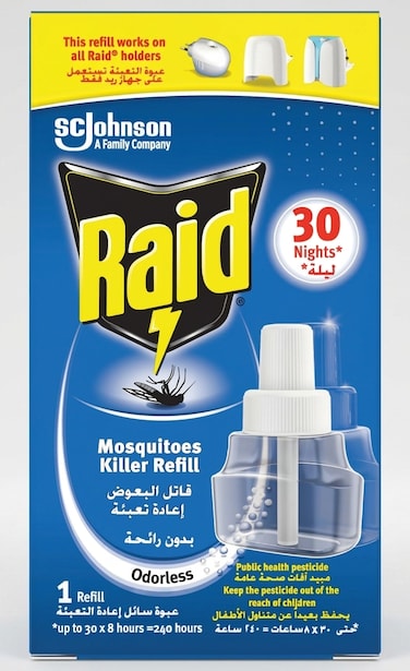 Raid Liquid Mosquito Killer Refill Odorless 30 Nights (240 Hours)   Effective Mosquito Repellent Plug-in Refill 1 Pack