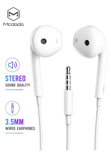 Mcdodo 3.5mm Wired Earphones with Mic – Stereo Headphones for Android Phone, Laptop, Tablet – White (HP-0543)
