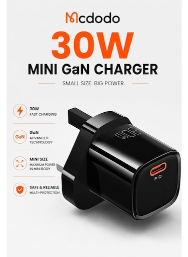 Mcdodo 30W USB C GaN Fast Charger UK Plug CH-0581 Black, Mini Compact PD Wall Adapter for Phones Tablets Laptops, Portable High Efficiency Charging Brick