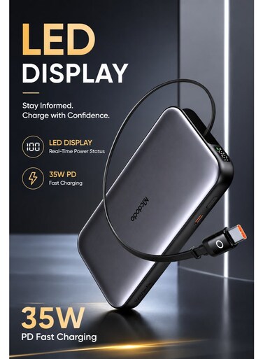 McDodo Power Bank with Built-in Cable, 10000mAh, 35W PD Fast Charging, Retractable USB-C Cable, LED Display, No Loose Cables, Portable Charger, Black, MC-0730