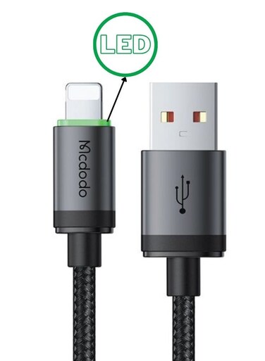 Mcdodo Lightning Cable 1m Fast Charging CA-2030 Black, USB A to Lightning Data Cable with LED Charging Light, High Speed Sync, Durable Charger Cord