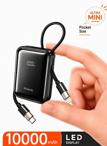 Mcdodo Mini Power Bank 10000mAh, Built-in USB-C + Lightning Cable, 22.5W PD Fast Charging, 50% More Compact, 3 Ports, iPhone + Android, FreeKit, Black, MC-2550