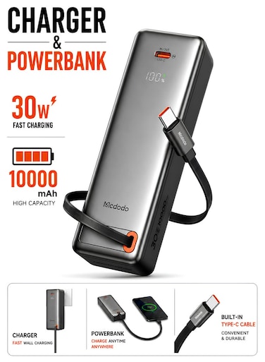 Mcdodo 3-in-1 Power Bank with Built-in Cable, 10000mAh, 30W PD Fast Charging, Travel Charger Adapter, UK/US/EU Plugs, 150+ Countries, LED Display, Black, MC-3181