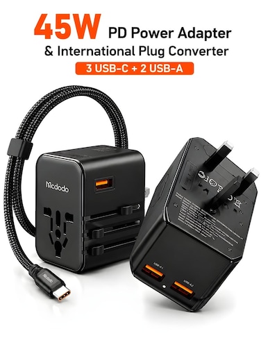 Mcdodo Universal Travel Adapter, 5-Port 3 USB-C + 2 USB-A, 45W PD Fast Charging, Includes 60W USB-C Cable, MDD G5 Series, UK/US/EU, 150+ Countries, Black, CP-3270