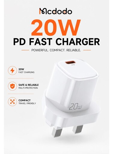 Mcdodo USB C Fast Charger 20W PD Wall Adapter UK Plug CH-4010 White, Compact Power Delivery Charger for iPhone Android Phones Tablets, Portable Travel Charging Brick