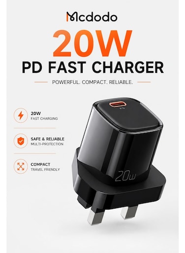Mcdodo CH-4011 20W USB-C PD Fast Charger UK Plug Black Single Port Type-C Wall Charger Adapter
