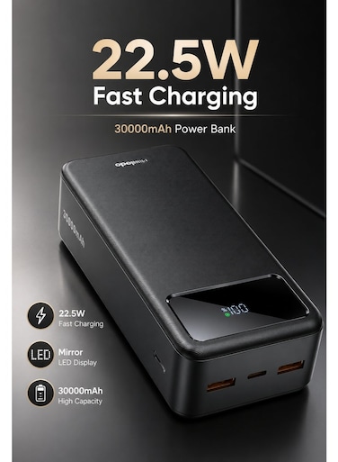 Mcdodo Power Bank 30000mAh, Mirror LED Display, 22.5W PD Fast Charging, 1 USB-C + 2 USB-A, Charge 3 Devices, High Capacity Portable Charger, Black, MC-4240