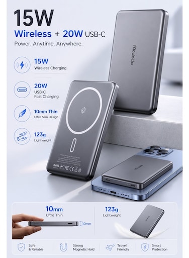 McDodo Magnetic Wireless Power Bank, Metal Ultra-Thin 10mm, 5000mAh, 15W Wireless + 20W USB-C Fast Charging, N52 Magnets, Airline Approved, Black, MC-4641