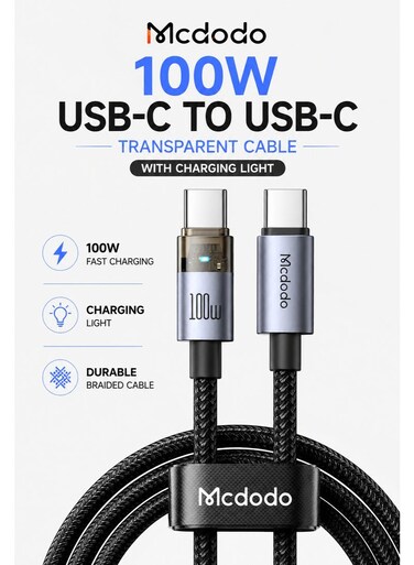 Mcdodo CA-5586 100W Typ-C to Typ-C Transparent Charging Light Cable 1.6m Blue