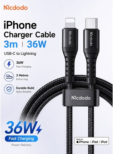 Mcdodo USB C to Lightning Cable 36W Fast Charging 3m CA-5632 Black, PD Data Cable for iPhone iPad, High Speed Sync, Durable Long Charger Cord